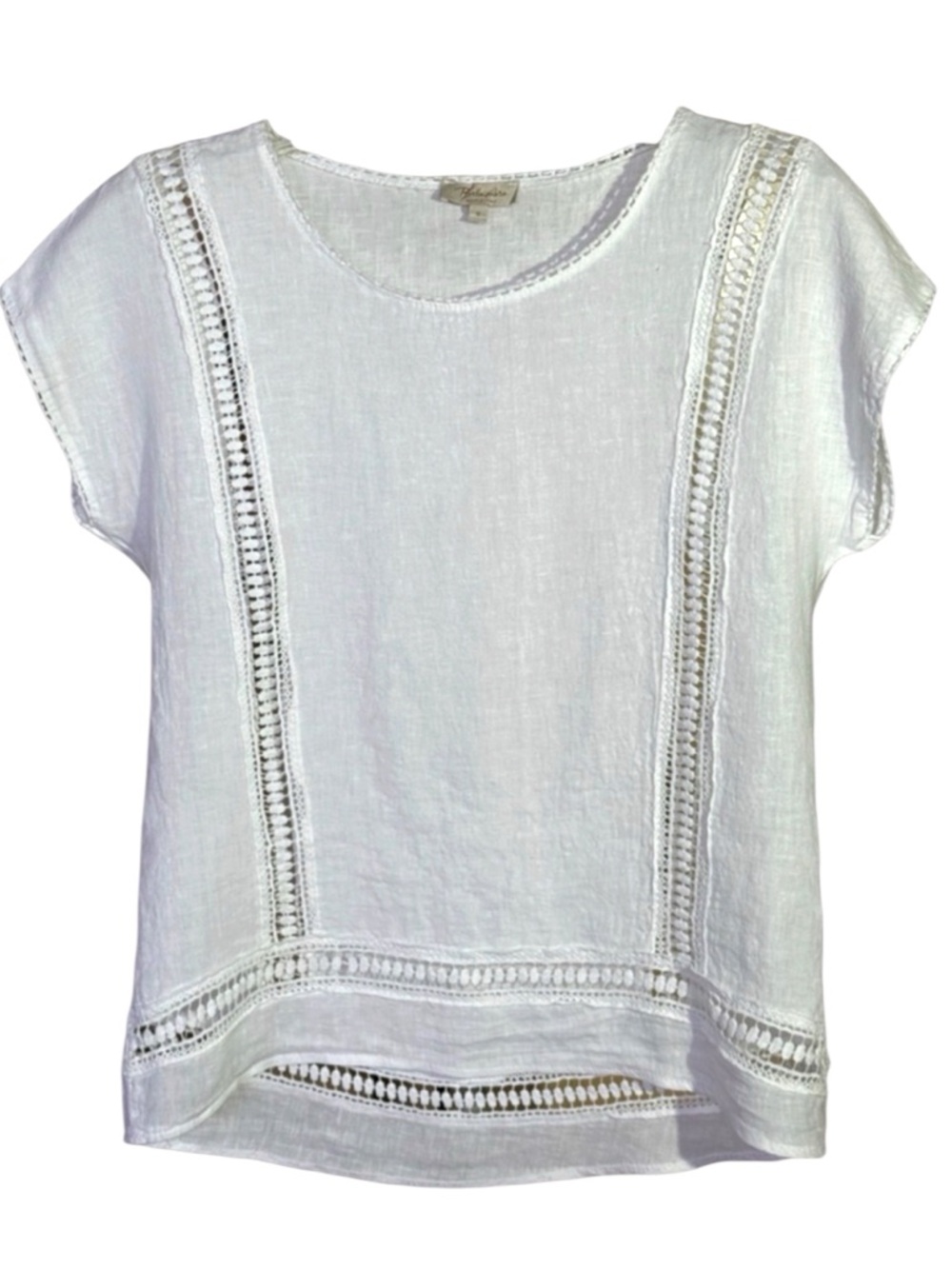 Bellambra Italian Linen White Crochet Trim Pullover Top Coquette Lagenlook